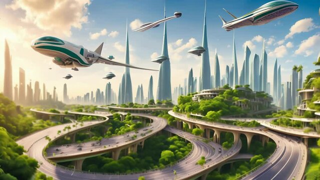A futuristic cityscape with towering skyscrapers, winding highways, and lush greenery. Sleek flying vehicles soar through the air, hinting at advanced technology and transportation. 