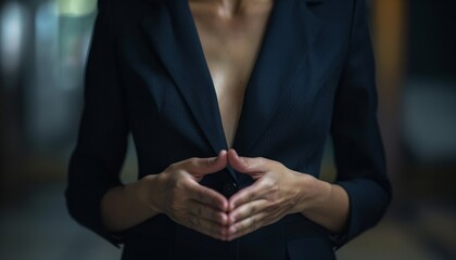 Design an image of a woman in a CEO role, wearing a black suit, torso in view, with her hands open in a gesture