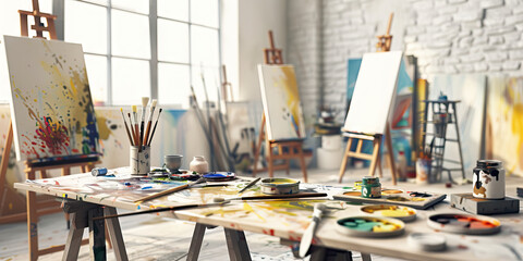 Artist's Studio Desk in New York: A desk in a spacious artist's studio with easels, brushes, and...