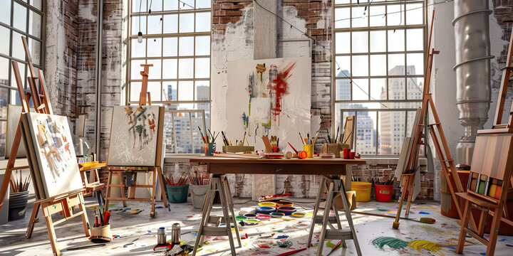 Artist's Studio Desk in New York: A desk in a spacious artist's studio with easels, brushes, and paint palettes scattered around, reflecting the creative process in the Big Apple