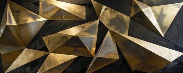 A dynamic composition of sharp black lines and geometric shapes in polished gold, creating a sense of movement and energy