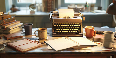 Freelance Writer's Desk in New York: A cozy, cluttered desk of a successful New York-based freelance writer, surrounded by notebooks, coffee mugs, and a vintage typewriter.