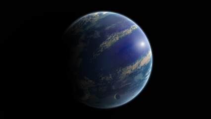 Blue earth-like and rocky exoplanets design, mysterious alien planets in outer space, space background for pc, desktop planet wallpaper, celestials design for project, 3d illustration
