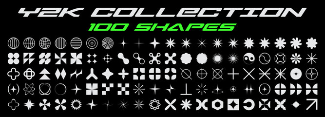 Retrofuturistic Y2K graphic icons, acid shapes, rave elements.Big collection of abstract graphic geometric symbols and objects in y2k style.Templates for stickers, posters, banners, merch, flyers.