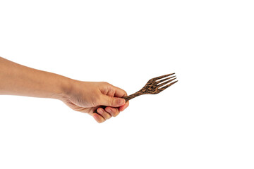 Hand and wooden fork on transparent background