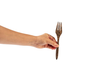 Hand and wooden fork on transparent background