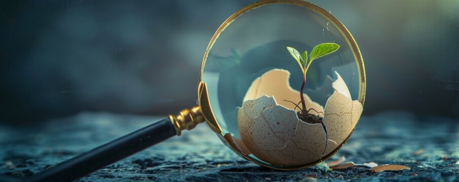 A magnifying glass examining a cracked eggshell, with a tiny seedling pushing through, representing the potential for new ideas to emerge from limitations