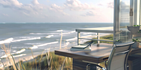 South Padre Island Serenity: A breezy desk on a seaside balcony overlooking the Gulf of Mexico, with the soft sound of waves crashing nearby.