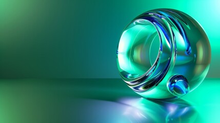 A neon blue and green spiral tunnel reflected in a chrome sphere, creating a distorted and futuristic effect Include a dedicated space for text next to the sphere