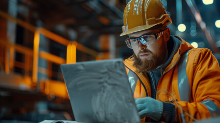Focused industrial worker with beard using a laptop in a warehouse setting.