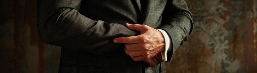 Fototapeta premium Craft an image of a male CEO in a formal charcoal grey suit, torso visible, with a thoughtful hand on his arm