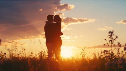 silhouette of romantic couple stand hugging on meadow at the sunset time