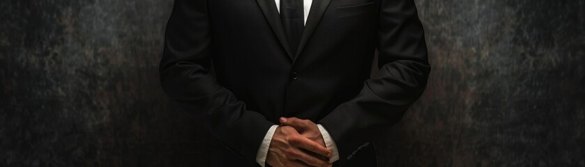 Craft an image of a male CEO in a black business suit, visible from the torso up, hands intertwined gently