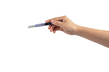 Cutter knife tool office for cutpaper in hand on transparent background