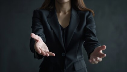 Craft an image of a female CEO in a black business suit, visible from the torso up, with an open hand gesture