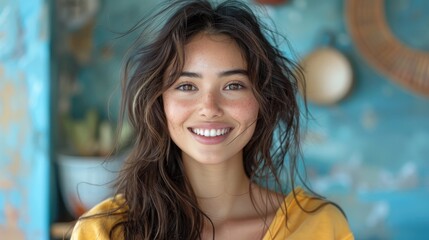 portrait of beautiful smiling woman with short wavy hair wearing pastel yellow sweatshirt sitting...