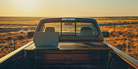 West Texas Wanderlust: A compact, portable desk in the back of a pickup truck, perfect for working on the go across the Lone Star State's vast open roads.