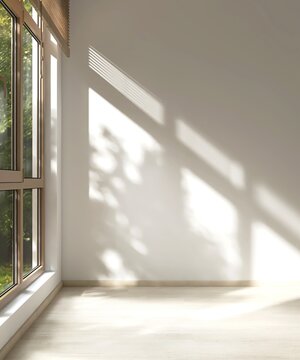 Empty room with white wall in sunlight from brown window blind, tree shadow on wood laminated floor for luxury, minimal interior design decoration, architecture, product background 3D