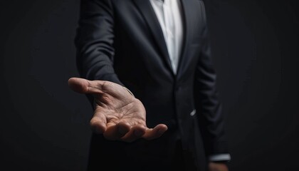 Obraz premium Construct an image of a male CEO wearing a modern black suit, torso visible, demonstrating a welcoming gesture towards innovation