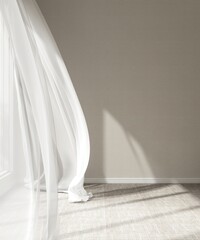Empty room with beige wall in sunlight from window, blowing sheer curtain, shadow on carpet floor for luxury, minimal interior design decoration, architecture, product background 3D