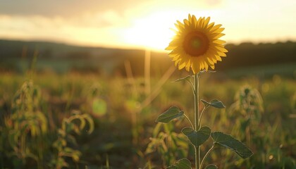 A single sunflower standing tall in a field, with a blurred sunset sky casting long shadows in the background