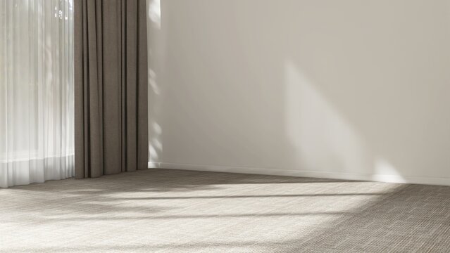 Cream wall room in sunlight from window with sheer and beige blackout curtain, tree shadow on white baseboard, carpet floor luxury, minimal interior design decoration product background 3D