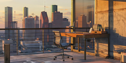 Houston Horizons: An industrial-chic desk perched atop a high-rise balcony, offering panoramic views of Houston's bustling skyline