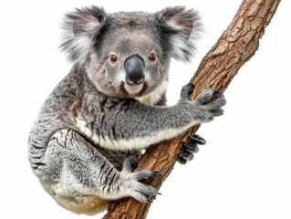 Koala Koala clinging to a branch, showcasing its fluffy ears and sleepy demeanor, isolated on white background.