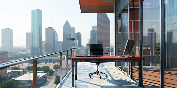 Houston Horizons: An industrial-chic desk perched atop a high-rise balcony, offering panoramic views of Houston's bustling skyline