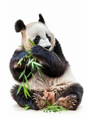 Panda Panda sitting and eating bamboo, side view to capture its adorable features and distinctive...