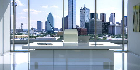 Dallas Desk: A modern office desk in a pristine glass-walled room with a view of Dallas' skyline in the distance