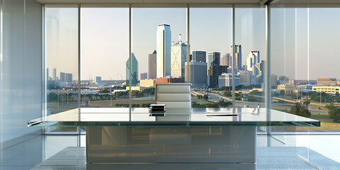 Fototapeta premium Dallas Desk: A modern office desk in a pristine glass-walled room with a view of Dallas' skyline in the distance