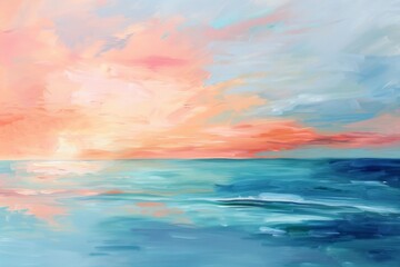 Obraz premium Depict the calming energy of a spring sunrise over the ocean with an abstract composition of soft blues, pinks, and oranges, rendered in loose brushstrokes