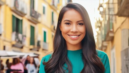 Portrait of a Latin American woman outdoors. AI generated.