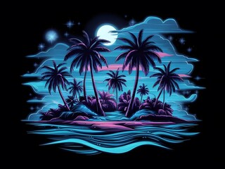 Serene tropical island paradise with swaying palm trees and vibrant synthwave hues.