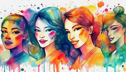 Colorful watercolor illustration of a group of people. AI generated.