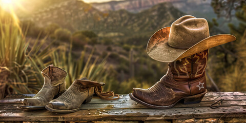 Lone Star Desk: A rustic wooden desk adorned with a cowboy hat and boots, sitting atop a rugged Texas landscape.
