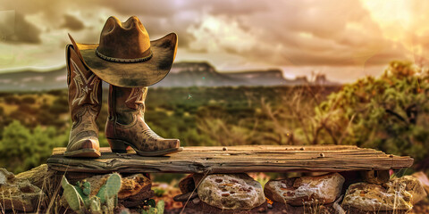 Lone Star Desk: A rustic wooden desk adorned with a cowboy hat and boots, sitting atop a rugged Texas landscape.
