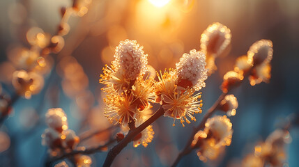 autumn leaves in the sun,
Flowering willow branches glow in sunlight outdo