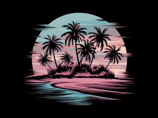 Serene beach landscape with tropical island ambiance and gentle synthwave hues.