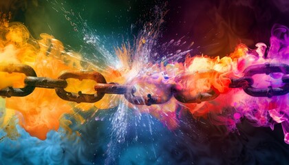 A burst of colorful light exploding from a broken chain, symbolizing the energy and potential unleashed by breaking free