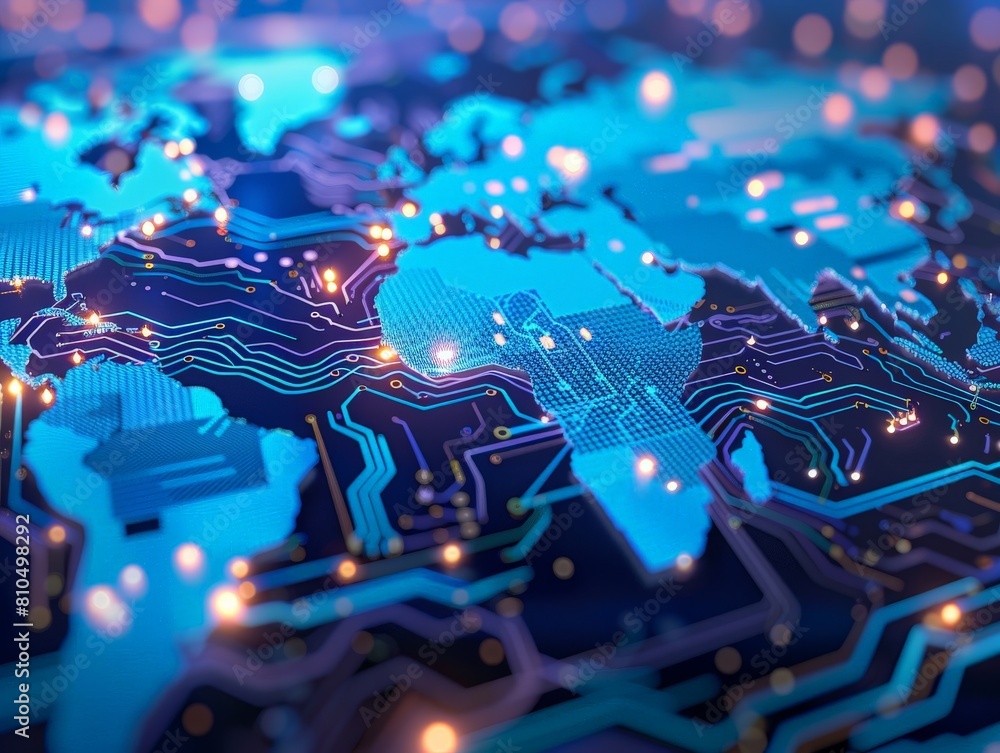Aufkleber a circuit board shaped like a world map, with the glowing pathways representing the flow of informat