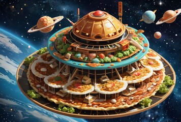 fantasy spaceship in a form of Okonomiyaki Japan Food, flying through the space