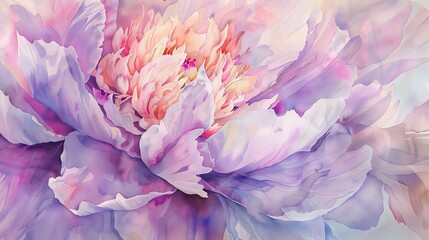 A closeup impressionist watercolor of a lush peony in full bloom, capturing the delicate details of the petals and leaves with a focus on soft pinks and purples