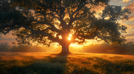 sunset in the woods,
Image of Oak Tree in Forest with Golden Sky at S