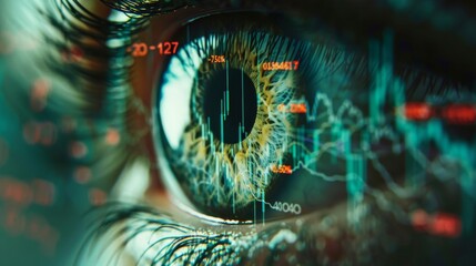 Close-Up of an Eye with Stock Market Charts Reflected in It, Set Against a Futuristic Background, Captured in Cinematic Hyper-Realistic Photography Style