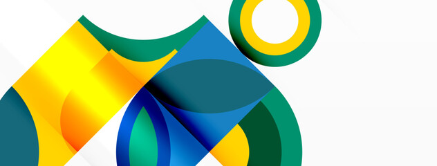 A vibrant art piece featuring a blue, yellow, and green circle with a white circle in the middle. The pattern displays symmetry and modern illustration with electric blue triangles and rectangles