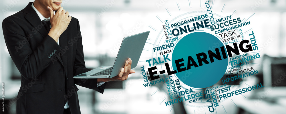 Poster e-learning and online education for student and university concept. graphic interface showing techno