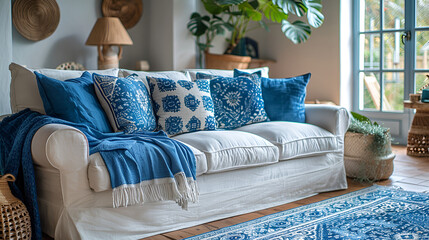 sofa and pillows,
Interior design living room decor and house impr 