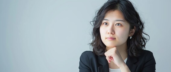 A Japanese woman in her thirties, with a thoughtful expression and her hand on her chin, wearing a casual suit against a white background banner for advertising. copy space for text.